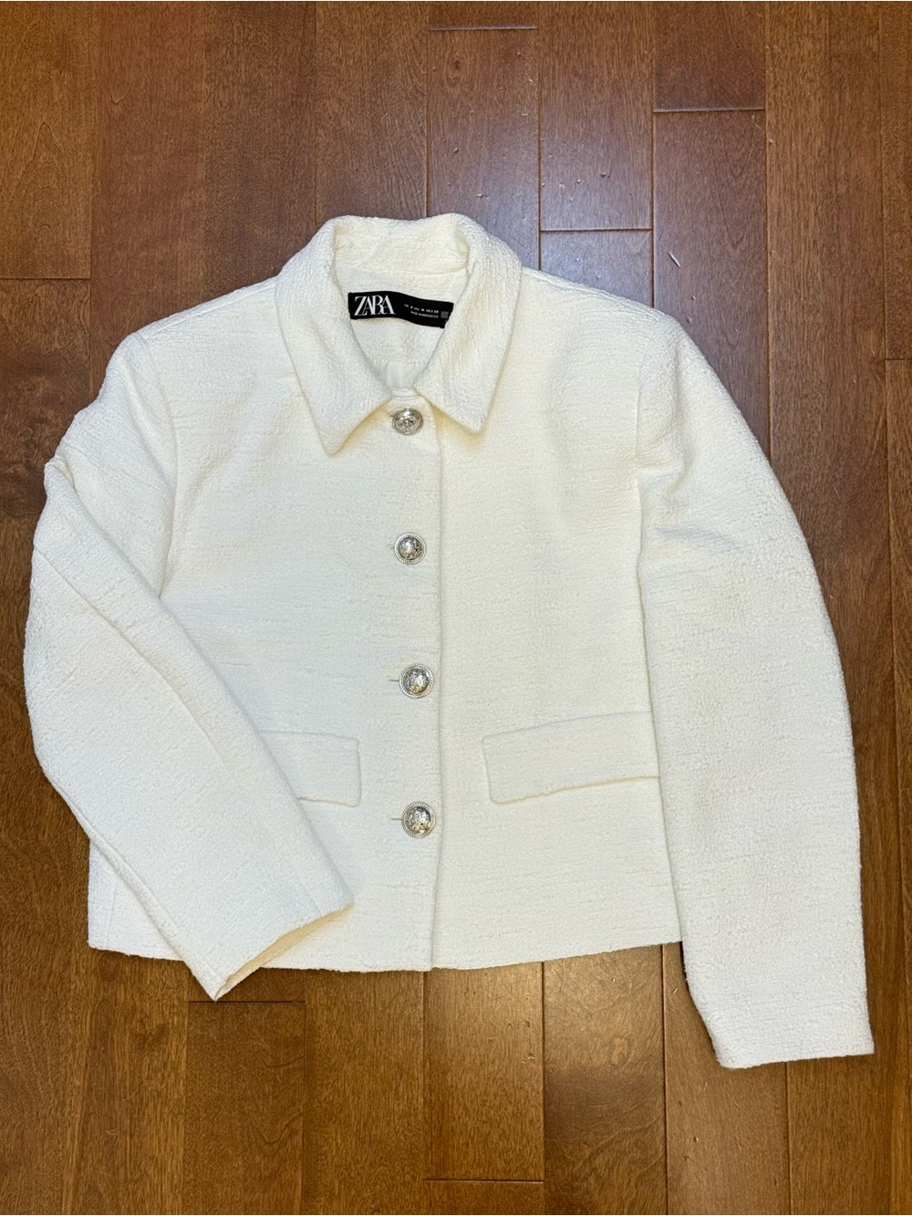 ZARA White Textured Button-Up Jacket